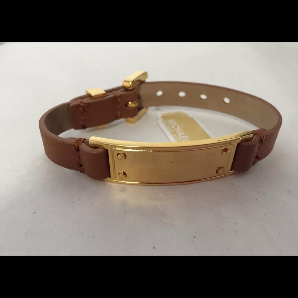 Brown leather w/gold MK plate bracelet new w/tag